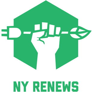 Logo for NY Renews - Green color with raised hand holding an arrow made up of an electrical plug on the left and a leaf on the right.