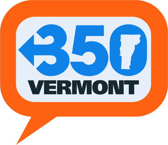 Logo for 350 Vermont - Text inside text bubble including the state of Vermont.