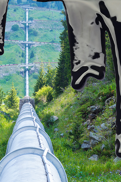 Pipeline stretched across rolling hill with heavy drops of black oil super imposed.
