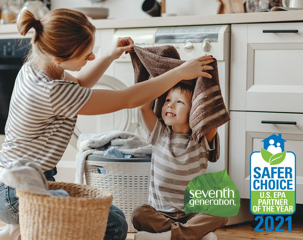 Safer Choice Partners of the Year 2021 - Adult and Child folding/playing in laundry