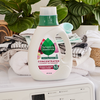 Geranium Vanilla Concentrated Laundry Detergent bottle on washing machine