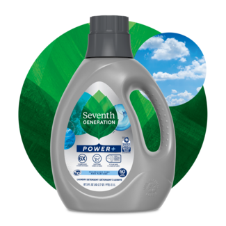 Power+ Laundry Detergent - Free and Clear Front of Bottle on leaf background 2023