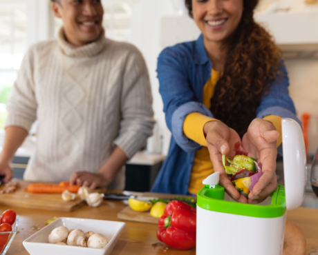 Working in kitchen and composting.