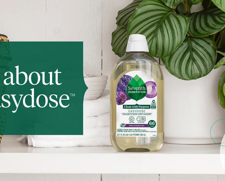 All About EasyDoseTM - Lavender EasyDose bottle on laundry room shelf