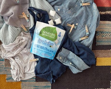 Seventh Generation Laundry Detergent Packs - Free &amp; Clear on a pile of Laundry