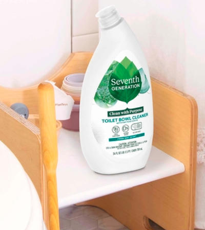 Mint Toilet Bowl Cleaner on bathroom caddy