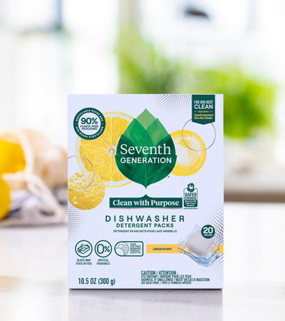 Auto Dish Packs Lemon Scent Box on kitchen countertop