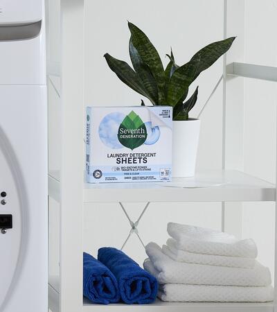 Free and Clear Laundry Sheets on laundry room shelf