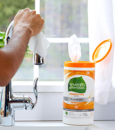 Seventh Generation Disinfecting Wipes - Lemongrass Citrus Scent - Pack on Kitchen Counter Next to Sink